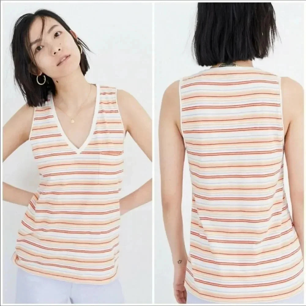 Madewell Whisper V-Neck Stripe Tank Top Shirt NWT